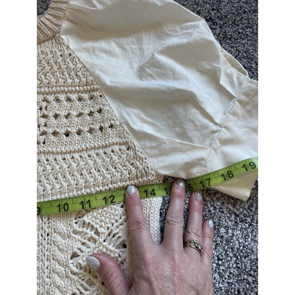 Zara Women’s Small Green Pointelle Knit Top Contrasting Puff Sleeves - Picture 5 of 7